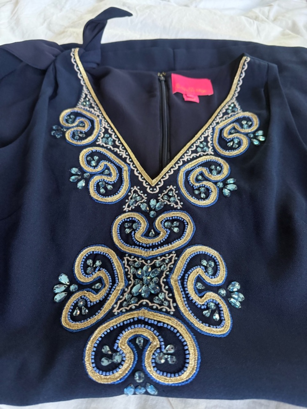 Lilly Pulitzer Navy Dress with Gold and Light Blue Embroidery